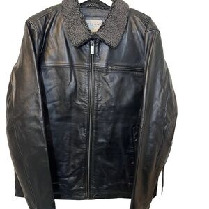 Perry Ellis Black Leather Jacket with Gray Shearling Collar